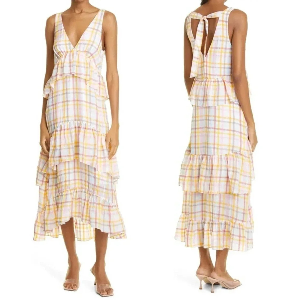 NWT Cinq a Sept Astor Plaid Gingham Midi Dress - Spring Summer Ruffled Tiered